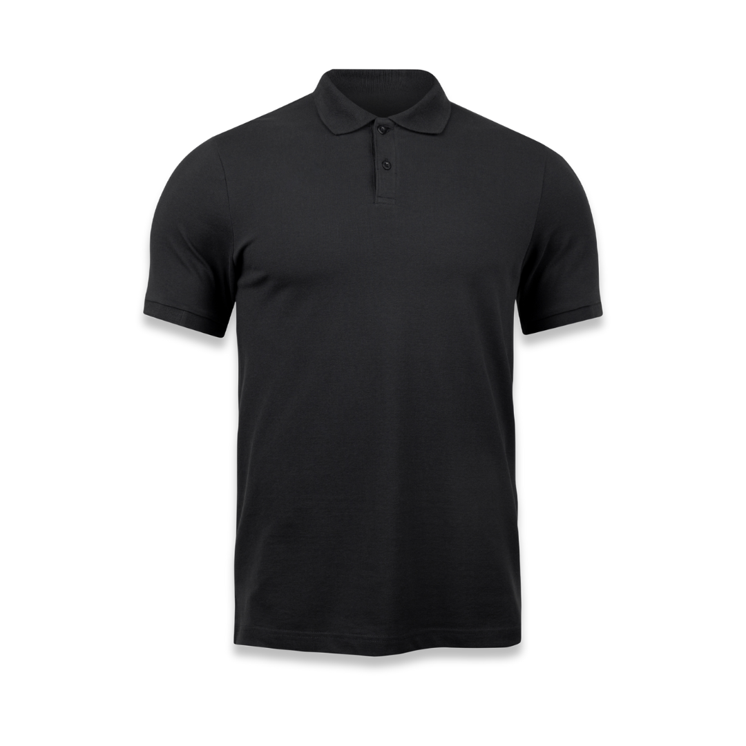 Camisa polo masculina preta lisa em malha piquet. Uniforme corporativo com gola e botões, pronto para personalização com bordado.