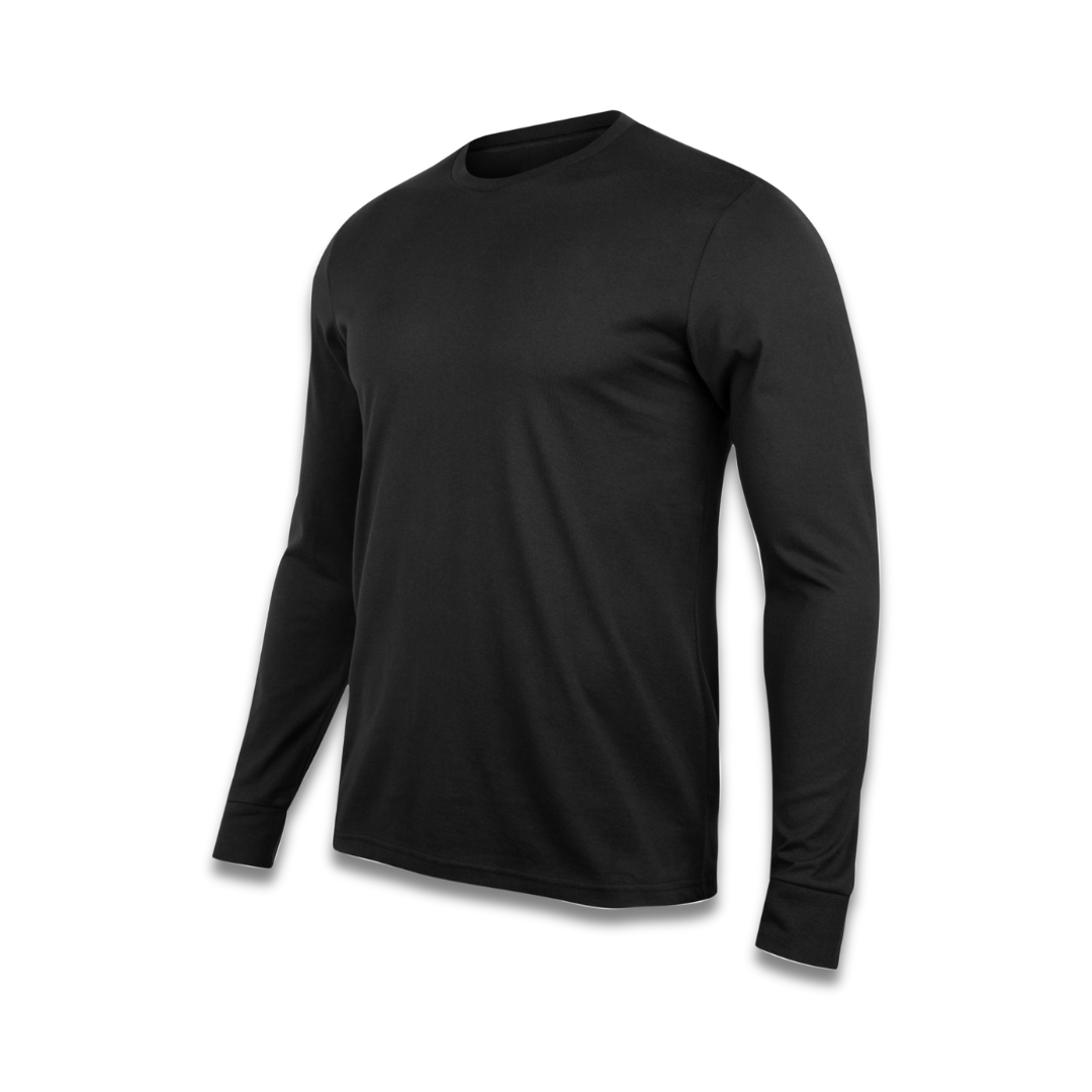 Camiseta de manga longa preta básica em algodão. Modelo unissex liso para personalização de uniformes e eventos.