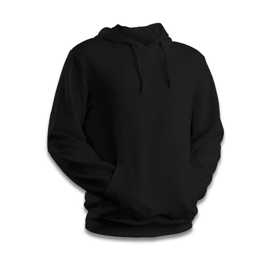 Moletom preto modelo canguru com capuz e bolso frontal. Hoodie liso de alta qualidade para personalização de estampas e bordados.