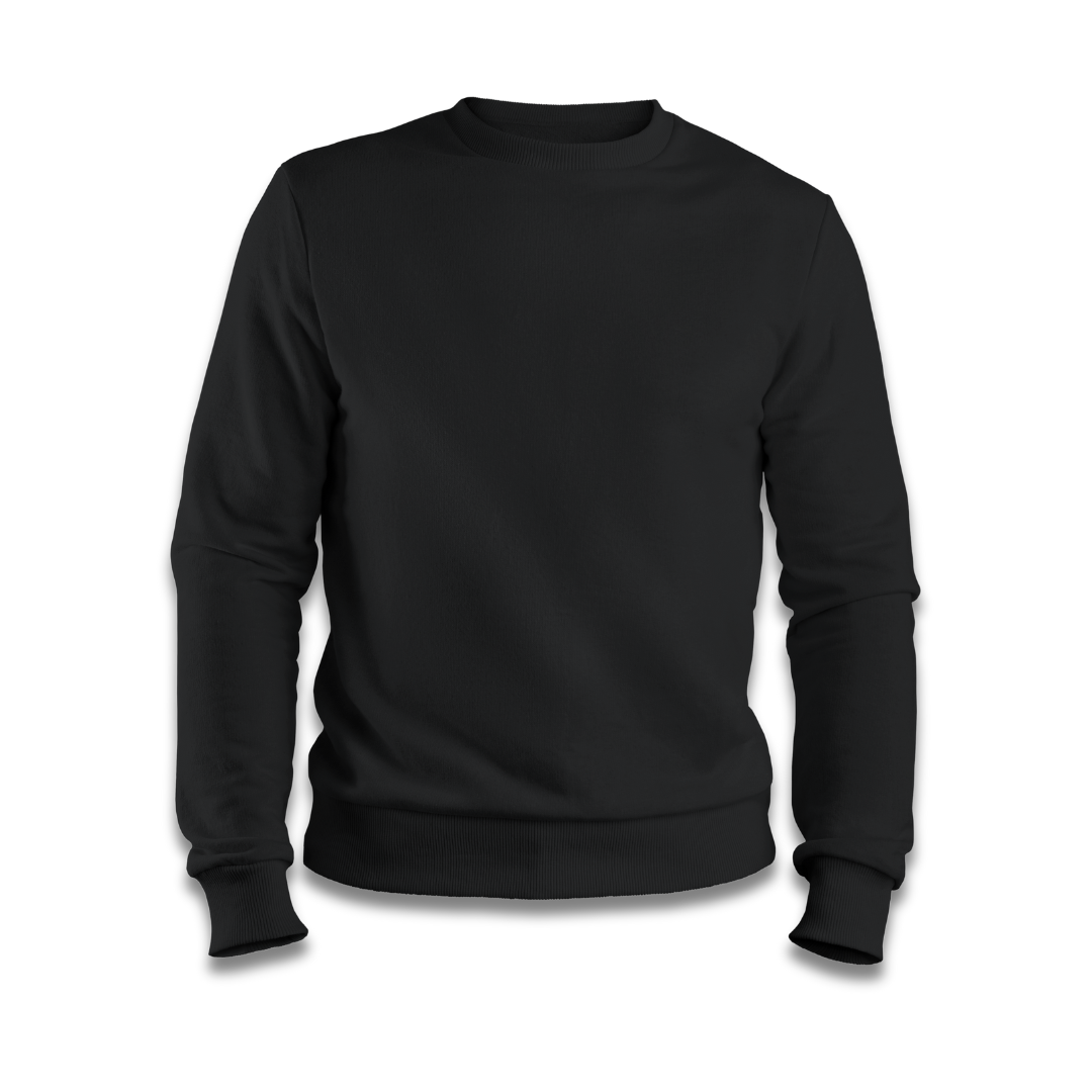 Moletom preto gola careca (modelo crewneck) liso. Agasalho de frio sem capuz para personalização de marcas e uniformes corporativos.