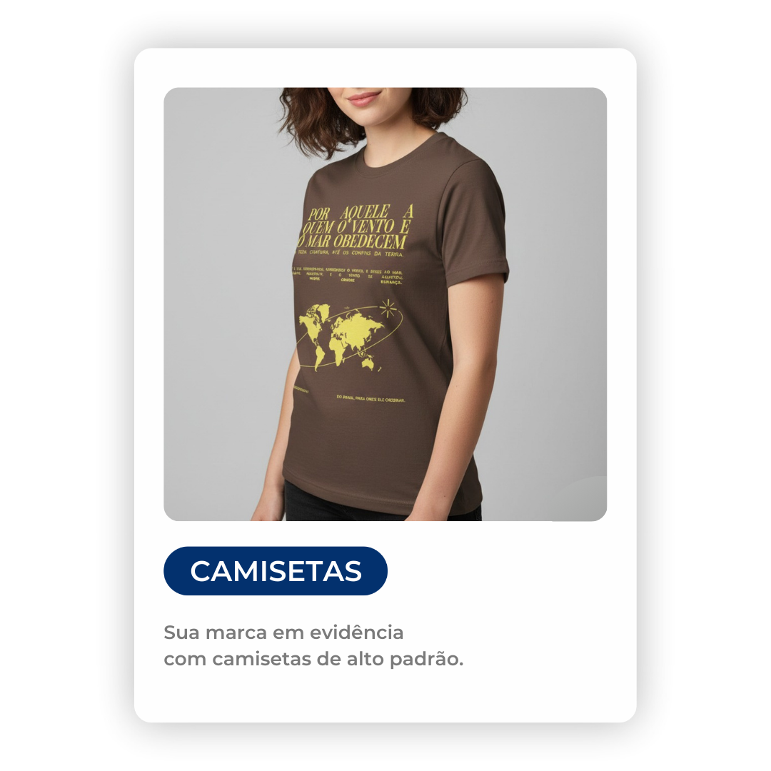 Camiseta marrom feminina personalizada com estampa religiosa em amarelo. Exemplo de camiseta de alto padrão para marcas próprias e igrejas.