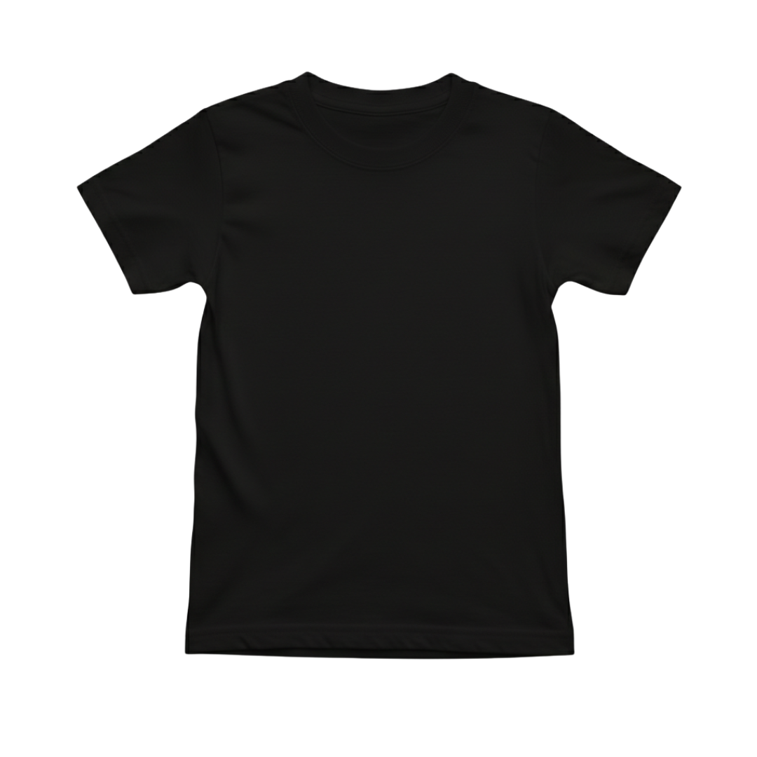 Camiseta infantil preta lisa de algodão. Modelo para crianças, ideal para uniforme escolar ou personalização de festas.