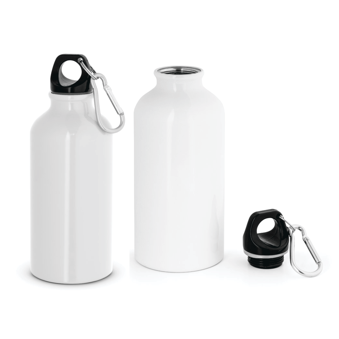 Squeeze de alumínio branco com tampa preta e mosquetão. Garrafa de água esportiva para personalização de brindes e academias.