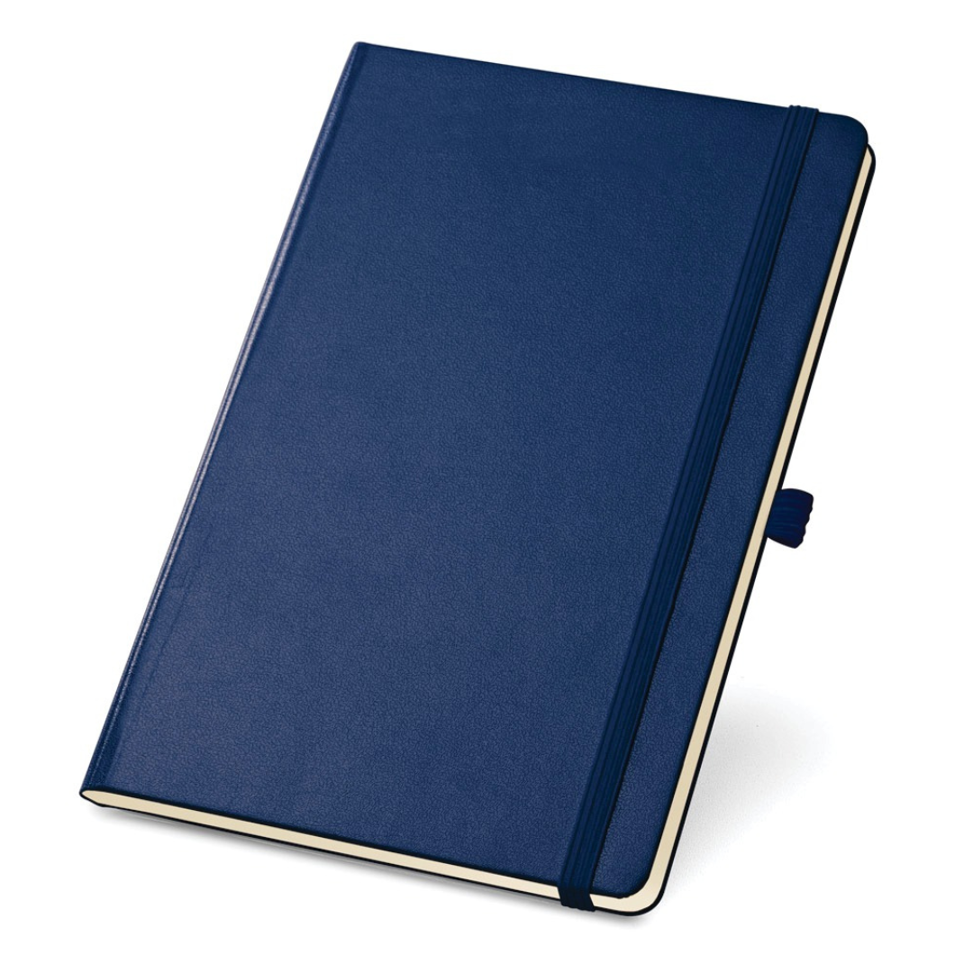 Caderno tipo Moleskine azul marinho com elástico e porta-caneta. Bloco de anotações executivo de capa dura para personalização de brindes corporativos.