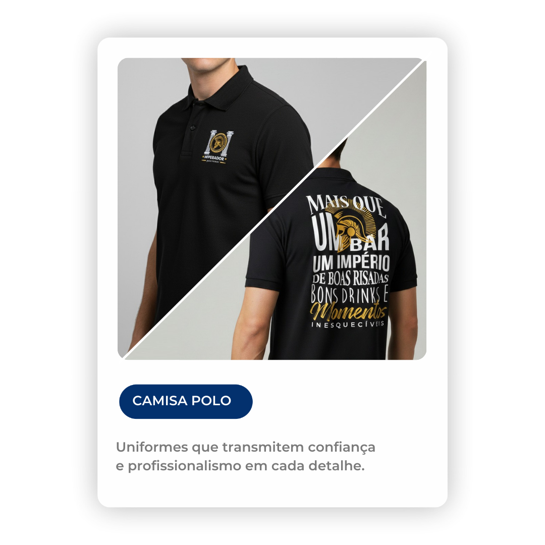 Camisa Polo preta personalizada para uniforme de bar. Estampa frente e costas com frase criativa e logomarca da empresa.