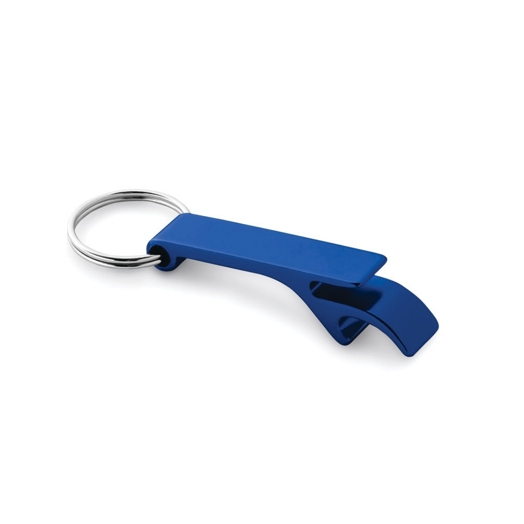 Chaveiro abridor de garrafa em alumínio azul. Brinde corporativo personalizado em metal para eventos e campanhas promocionais.
