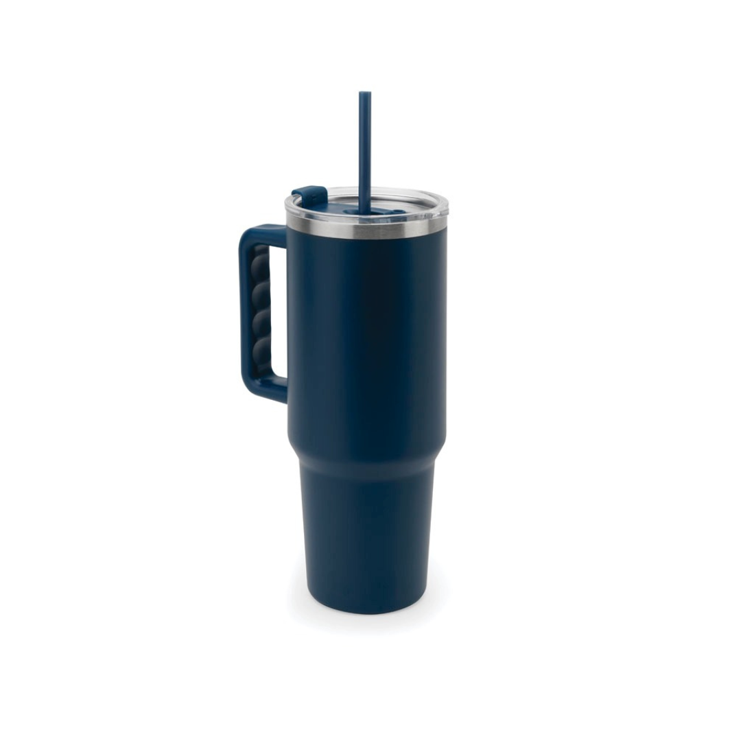 Copo térmico azul marinho com alça e canudo. Modelo de grande capacidade em inox para personalização a laser ou silk.