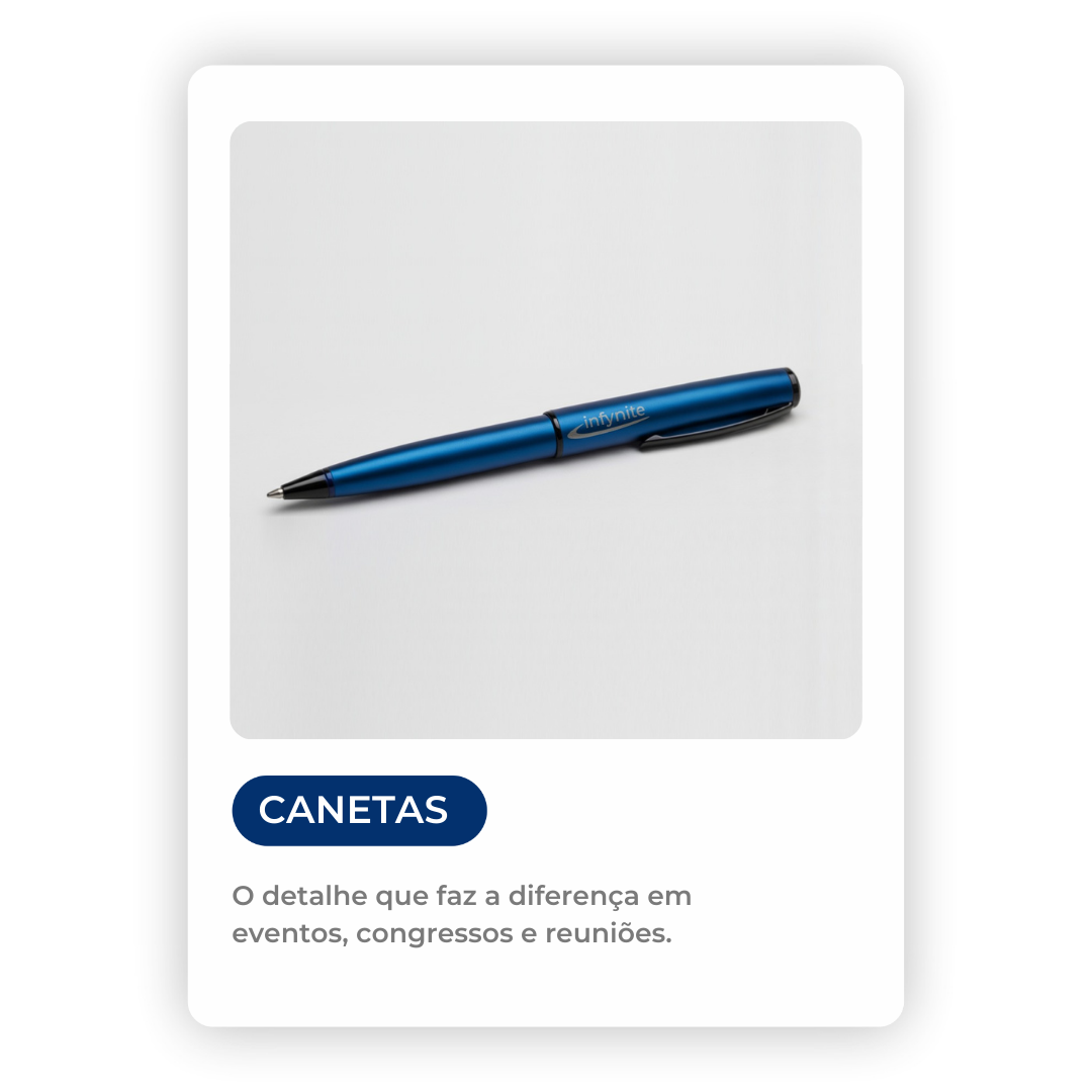 Caneta azul personalizada com logotipo da empresa Infynite. Brinde corporativo ideal para eventos e congressos.
