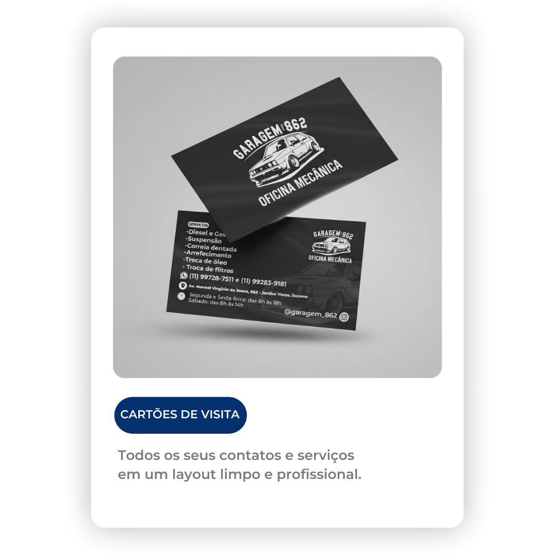 Modelo de cartão de visita personalizado em Suzano. Design frente e verso com acabamento profissional.