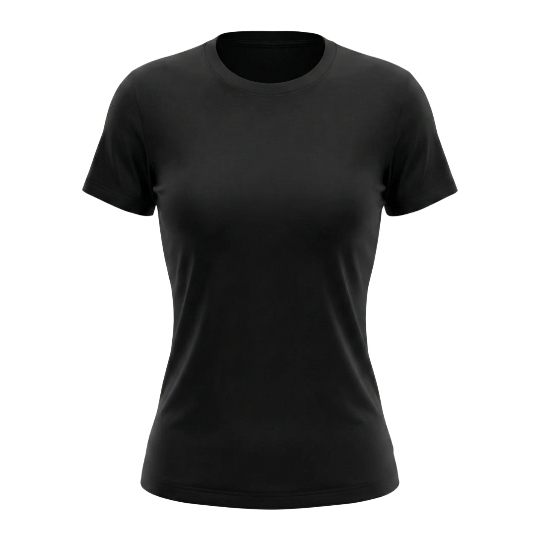 Camiseta feminina baby look preta lisa gola redonda. Modelo acinturado de algodão para personalização de estampas e uniformes.